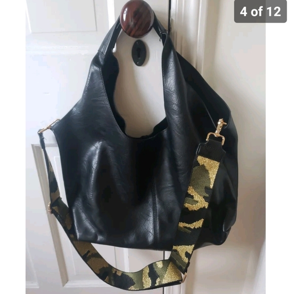NEW AHDORNED VEGAN LEATHER BLACK HOBO TOTE w/ CAMO STRAP GOLD 2 in 1 - Picture 4 of 9